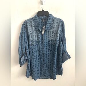 NWT Blue Ikat Print Button-Down Womens Chambray Denim Shirt 3XL Roll-Tab Sleeves